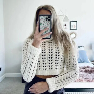 Free people Seashell Pointelle Pullover Soft Knit Sweater Cream White  Sz XS